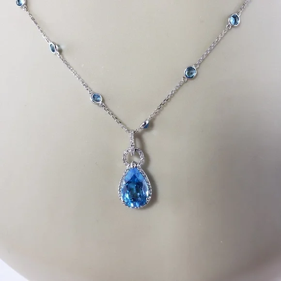 14 Karat White Gold Blue Topaz Diamond Pendant Necklace JAGi Cert. #13787